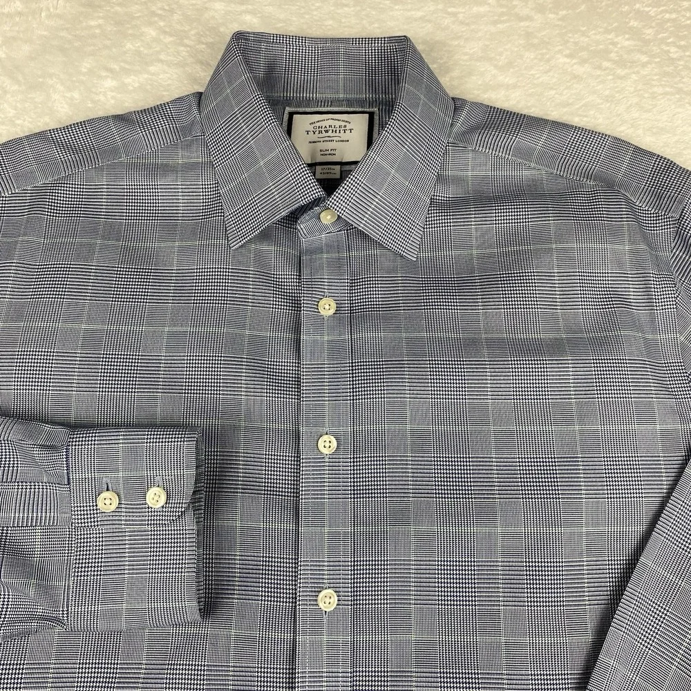 Charles Tyrwhitt Dress Shirt Mens 17-35 Blue/Green Plaid Slim Fit No Iron